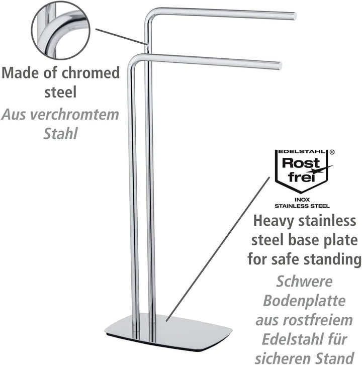 WENKO Handtuchständer Iria, freistehend, für kleine Bäder, mit 2 Handtuchstangen, standfeste Bodenpl
