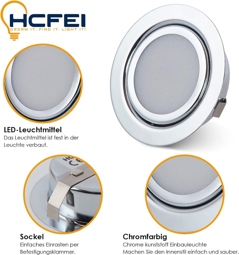 HCFEI 6er Set LED Slim Möbel Einbaustrahler | Chrom glänzend | 230V 3W | Warmweiss 3000K | Bohrloch: