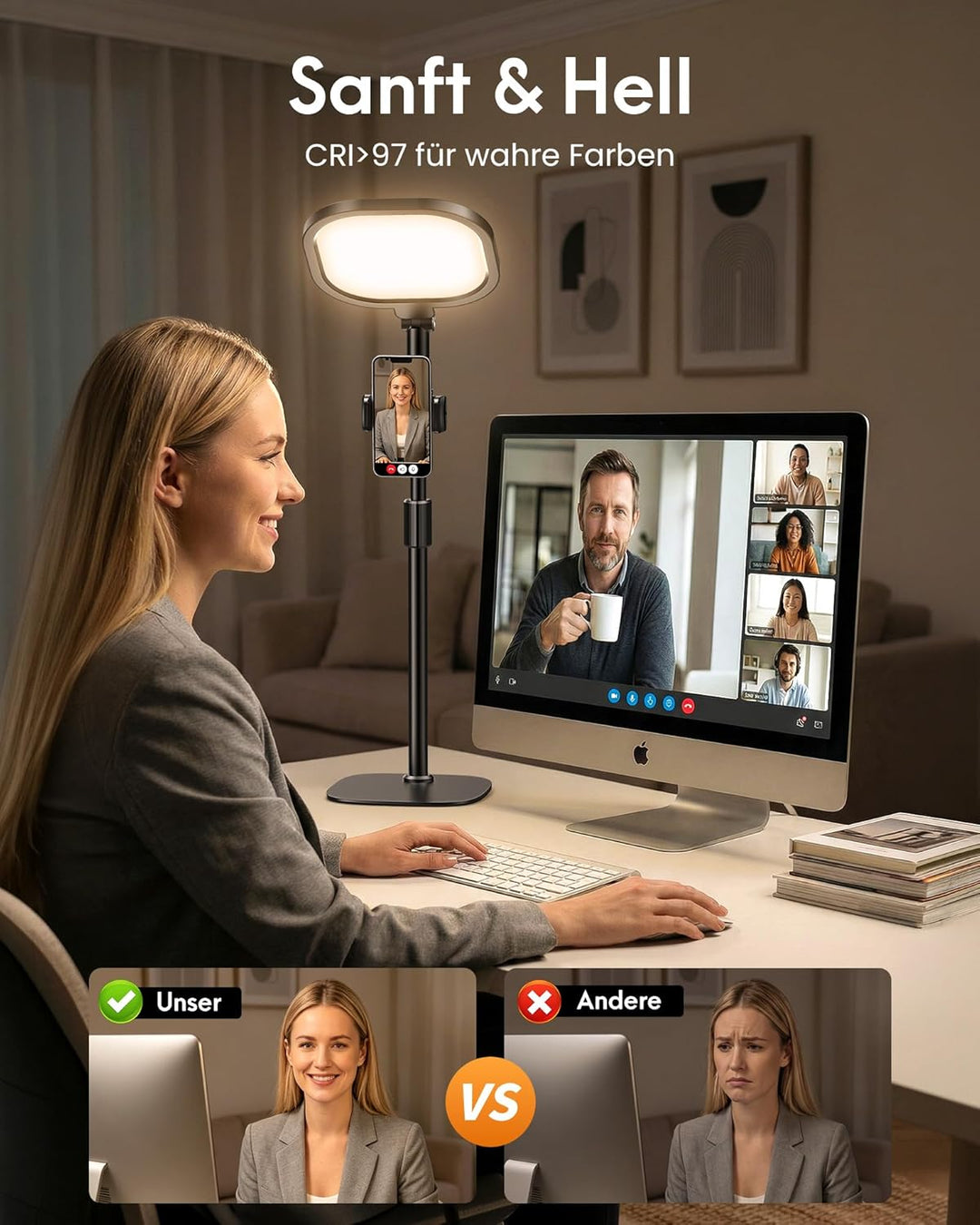 Ringlicht mit Stativ, Ring Licht für Laptop mit Handy Stativ 3 Lichtfarben 10 Helligkeiten Tisch Sel