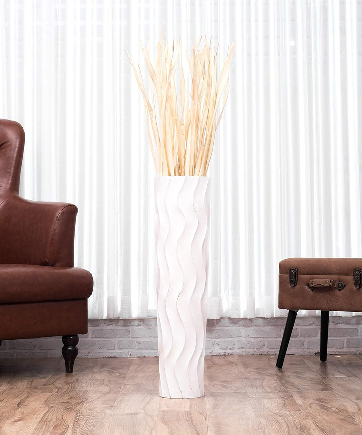 Leewadee Grosse Bodenvase für Dekozweige hohe Standvase Design Holzvase, Holz, 70 cm, White Wash 70