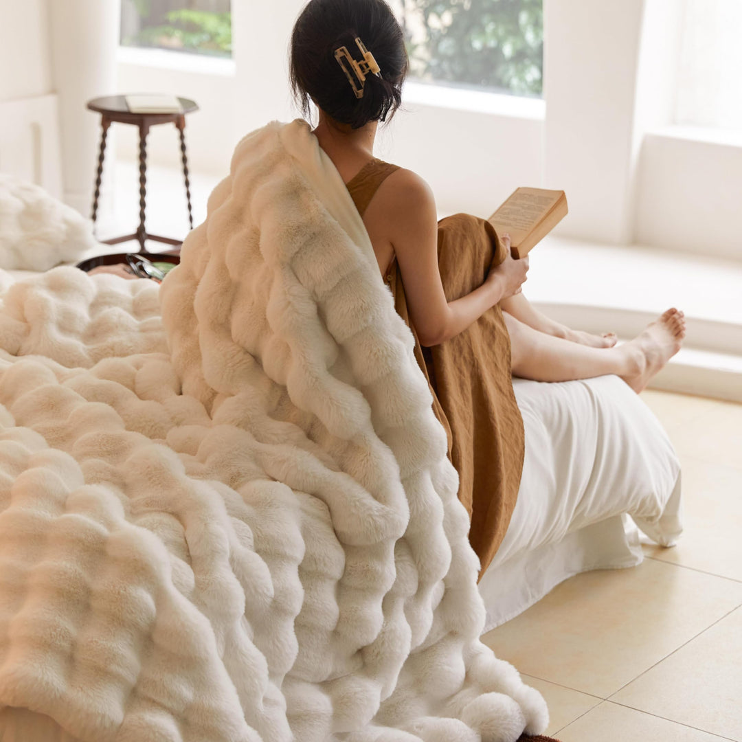 Lanqinglv Kuscheldecke Flauschig Decke 220x240 Weiss,Kaninchen Kunstfell Decke Plüsch,Wohndecke Dick
