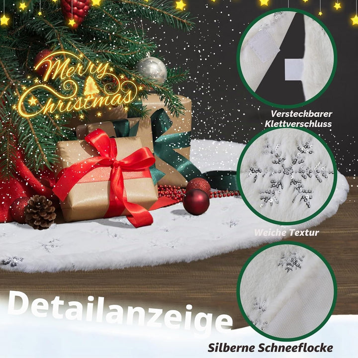 SALCAR Weihnachtsbaumdecke Rund 120cm, Kunstfell Schneeflocke Weihnachtsbaum Decke Weiss, Gross Chri