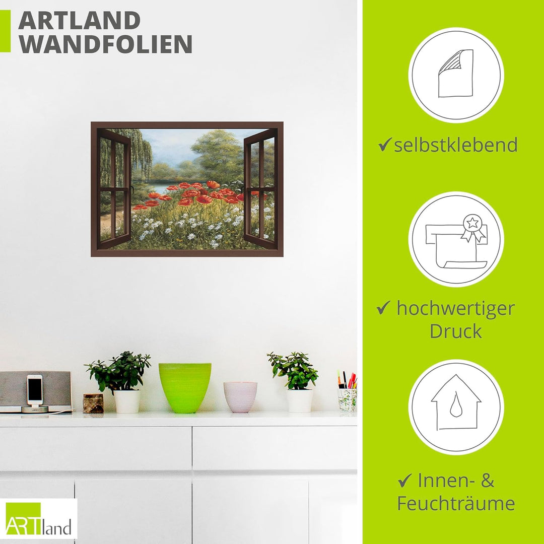 ARTland Wandbild selbstklebend Vinylfolie 100x70 cm Fensterblick Landschaft Blumen Mohnblumen See Bl