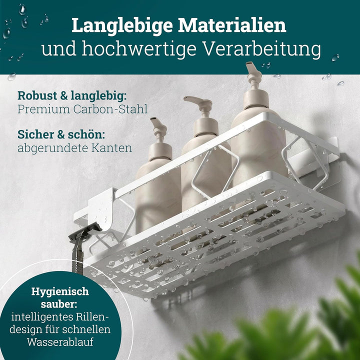 husman® Duschablage-Set ohne Bohren | Weiss | 10-teilig mit Ablaufrillen | Kleben statt Bohren | Dus
