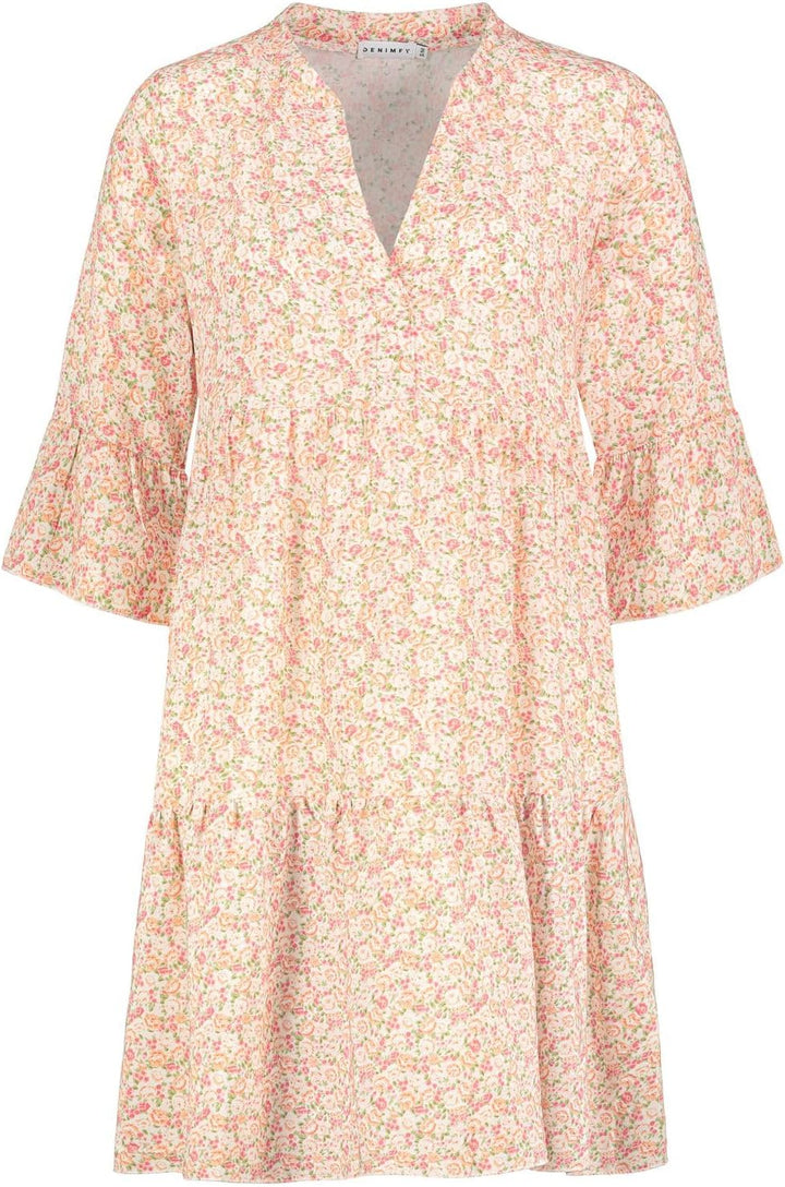 DENIMFY A Linien Kleid Damen DFFrida 3/4 Ärmel Kleider Strandkleid Boho Sommer Sommerkleid Midikleid