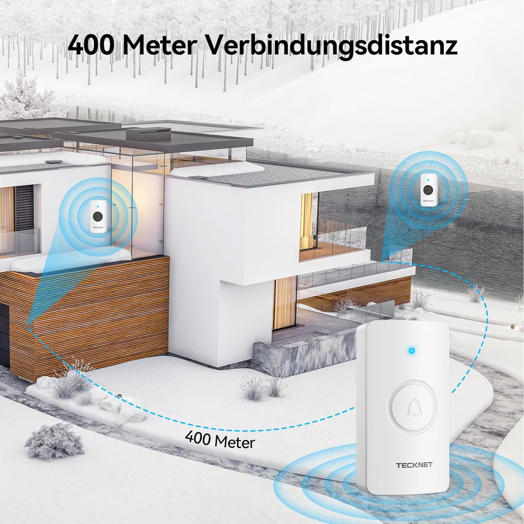 TECKNET Funkklingel, Funkklingel aussen wasserdicht IP65, Funk Klingel Kabellos 400m, Klingel Funk m