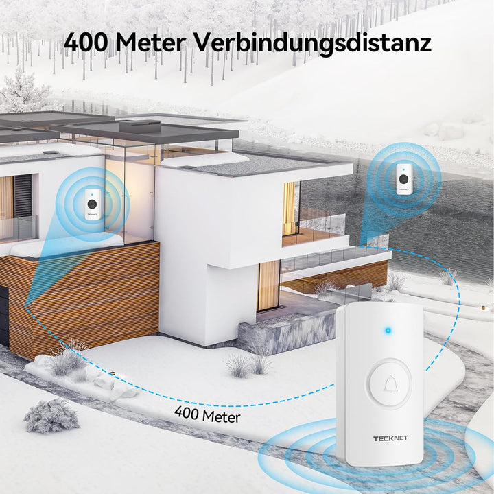 TECKNET Funkklingel, Funkklingel aussen wasserdicht IP65, Funk Klingel Kabellos 400m, Klingel Funk m