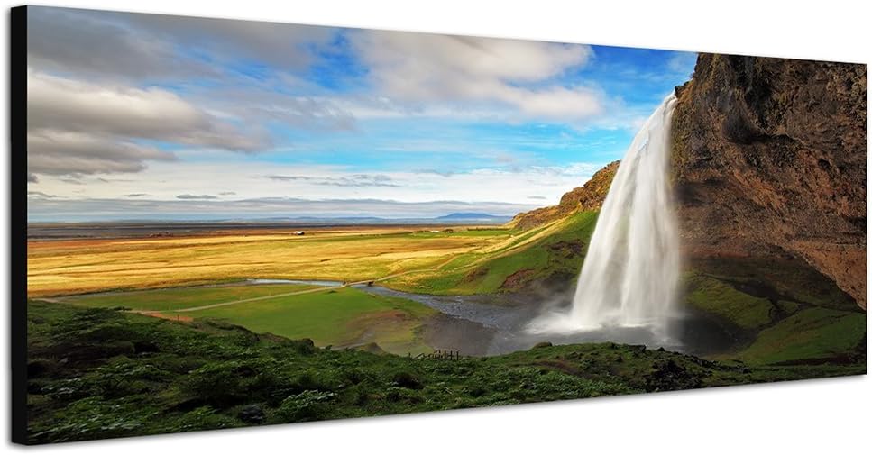 Paul Sinus Art Panoramabild auf Leinwand und Keilrahmen 150x50cm Felsen Wasserfall Wiesen Wolken Him