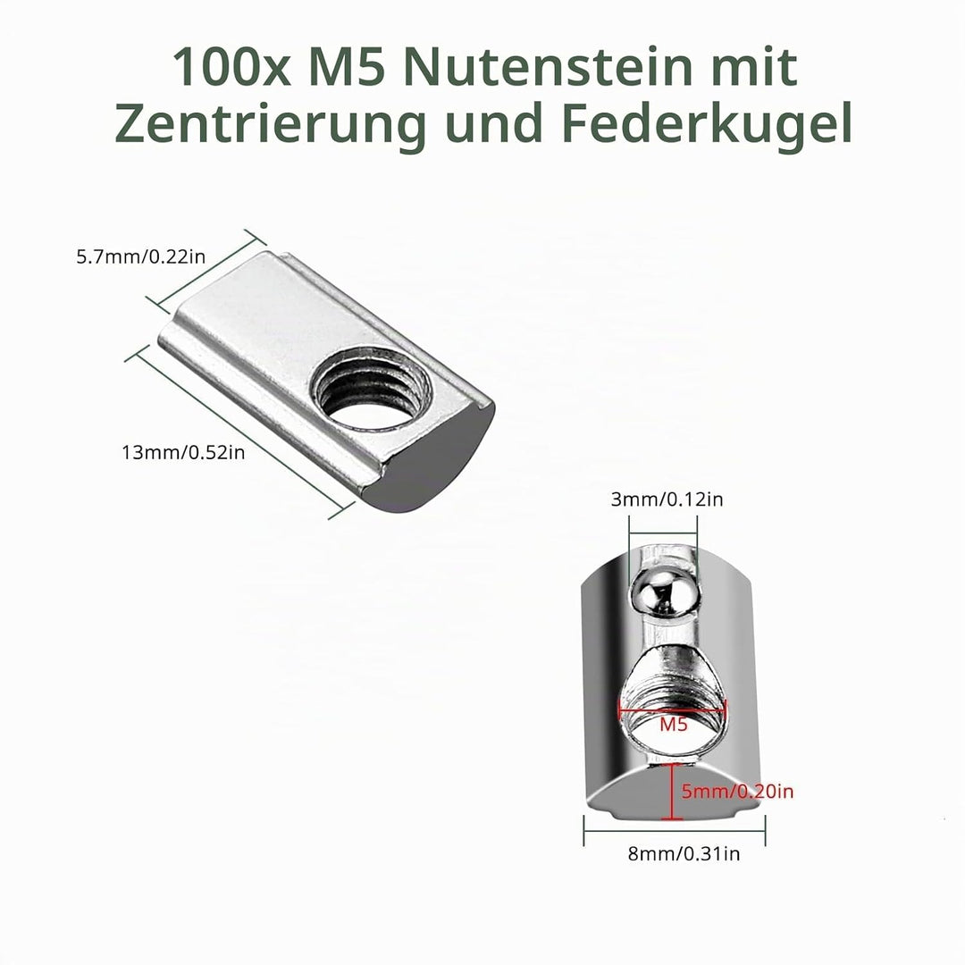 EYPINS 100x Nutensteine M5 mit Steg, Federkugel Nut 6, 20x20 Hammermutter Stahl Verzinkt Nutmuttern