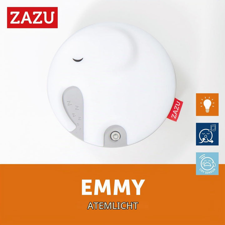 Zazu - Emmy der Elefant Atemlicht mit Nachtlicht &amp; Musikbox - Entspannendes rotes Licht, Weisses Rau