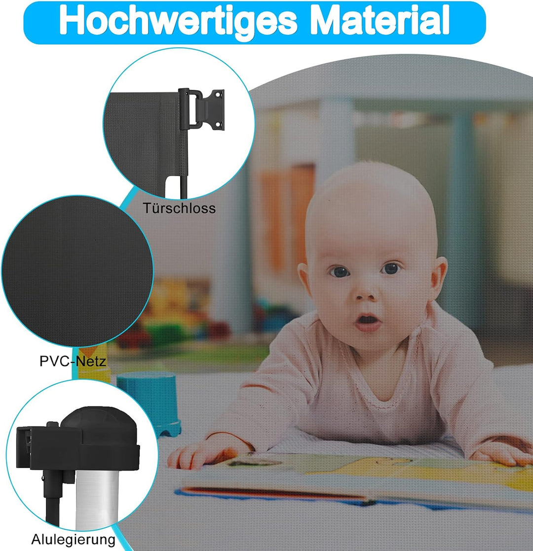 XMTECH Türschutzgitter Ausziehbar Treppenschutzgitter 0-150cm Schwarz Einziehbares Treppenschutzroll