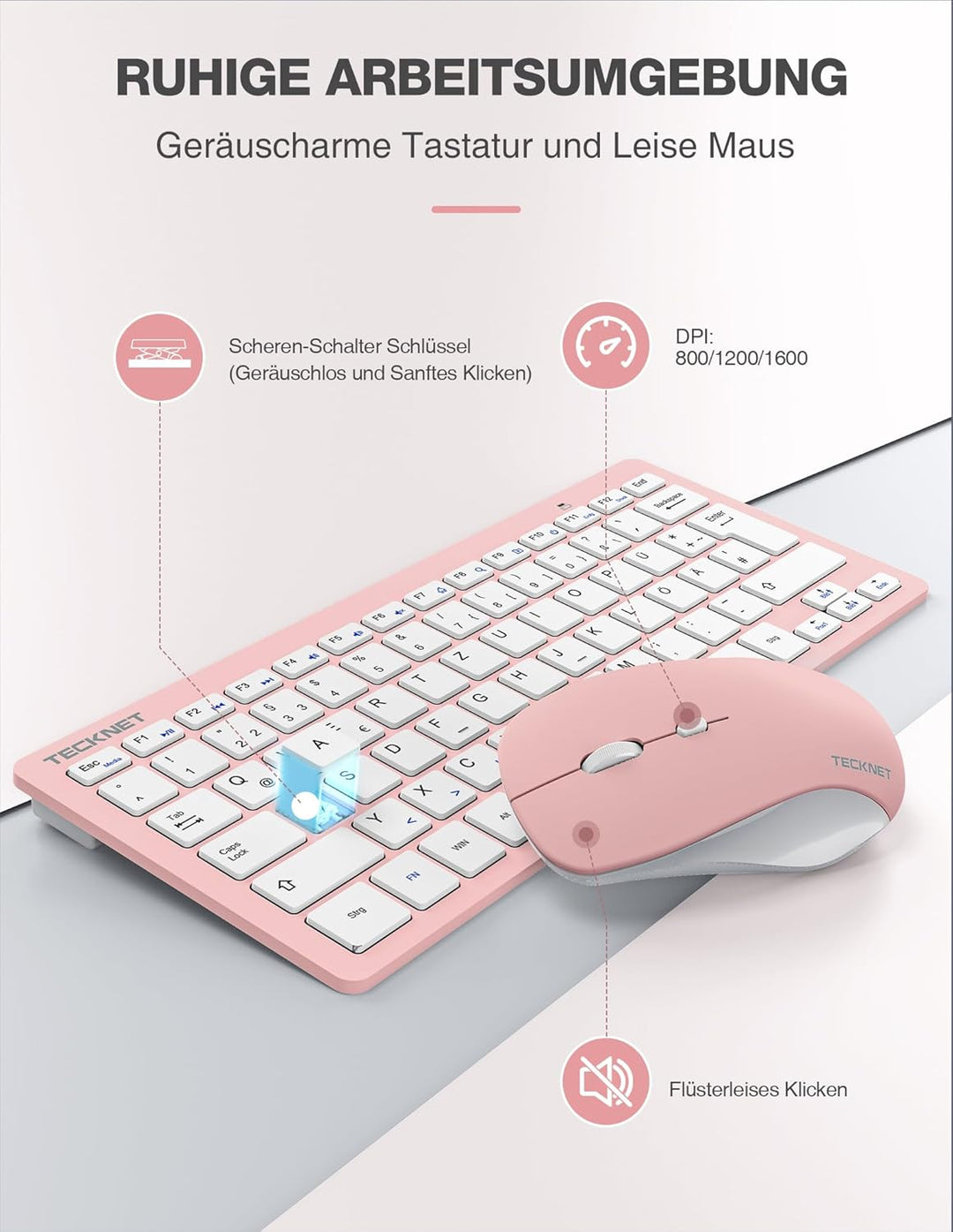 TECKNET Kabelloses Tastatur Maus Set, Deutsch QWERTZ Layout, 2.4 GHz Funk Mini Tastatur Mouse, 15m R