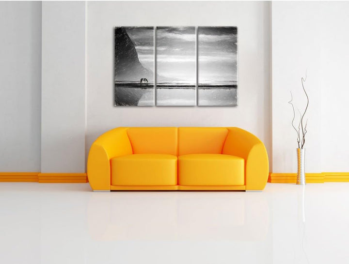 Pixxprint Pferd am Ufer Einer Insel / 3-Teilig/Gesamtmass 120cm Leinwandbild bespannt auf Holzrahmen