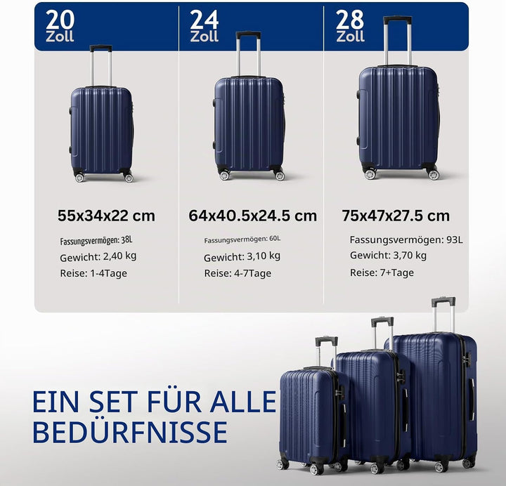 LALAHO Kofferset 3 teilig, Reisekoffer Set, Hartschalen Koffer Set aus ABS, Gepäckset mit Teleskopgr