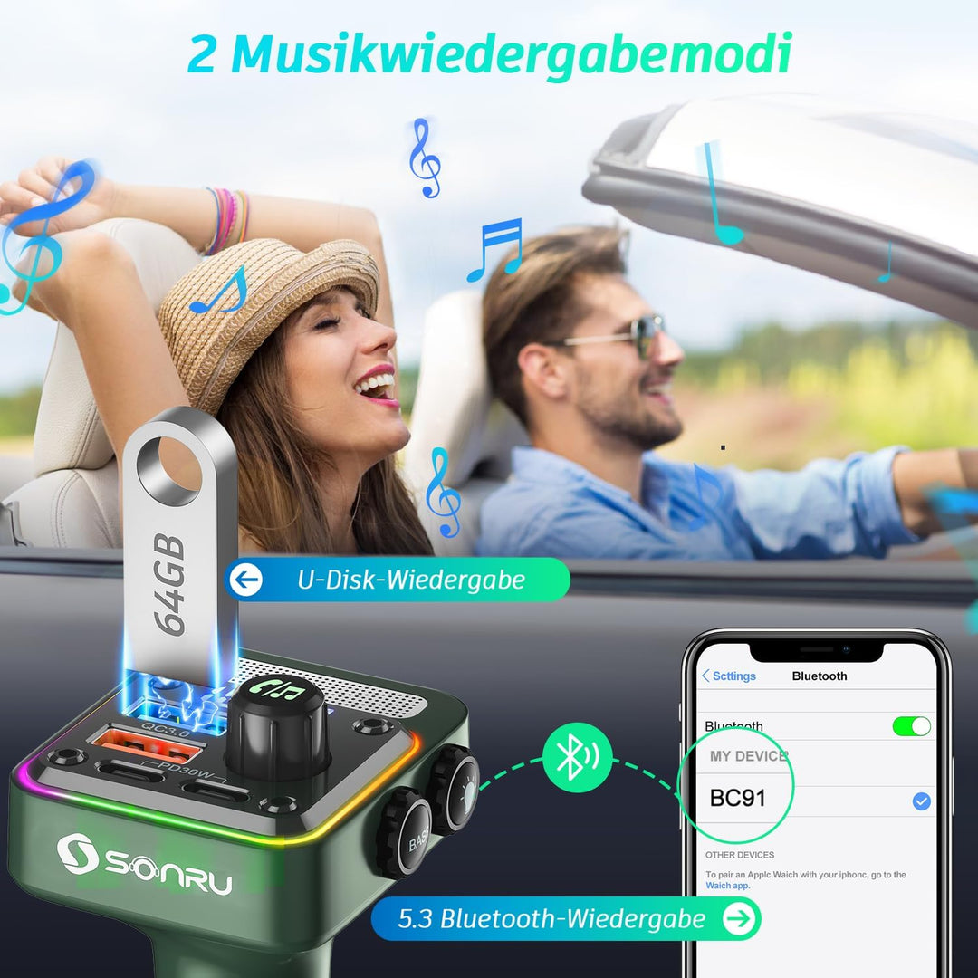 SONRU FM Transmitter Auto Bluetooth 5.3 Adapter Auto, Bass & HiFi Stereo Freisprechanlage für Auto B