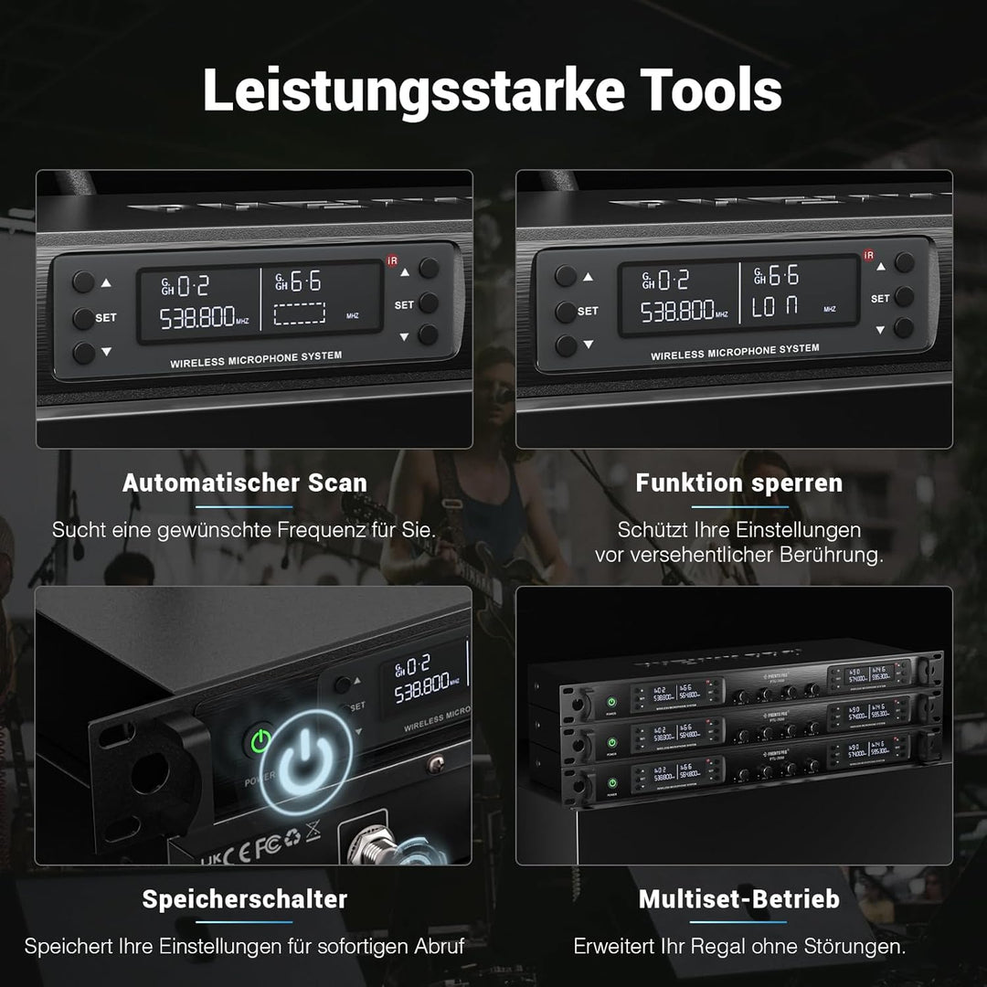Phenyx Pro 4-Kanal-Drahtlos-Mikrofon-System, UHF Auto Scan Cordless Mic Set, 4 Bodypacks mit Headset