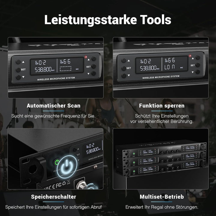 Phenyx Pro 4-Kanal-Drahtlos-Mikrofon-System, UHF Auto Scan Cordless Mic Set, 4 Bodypacks mit Headset