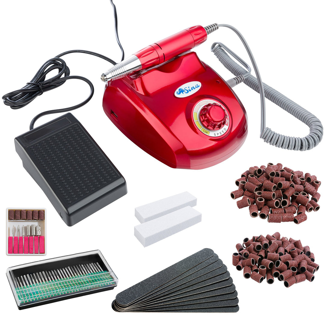 Sina Elektrische Nagelfeile | mit Fusspedal | inkl. 6 tlg.-Bit-und Mandrel-Set + 30 Diamantfräser |