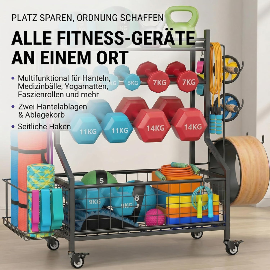 Hantelständer &amp; Gewichtsablage für Home Gym, All-in-One Fitness Aufbewahrung mit Rollen &amp; Haken für
