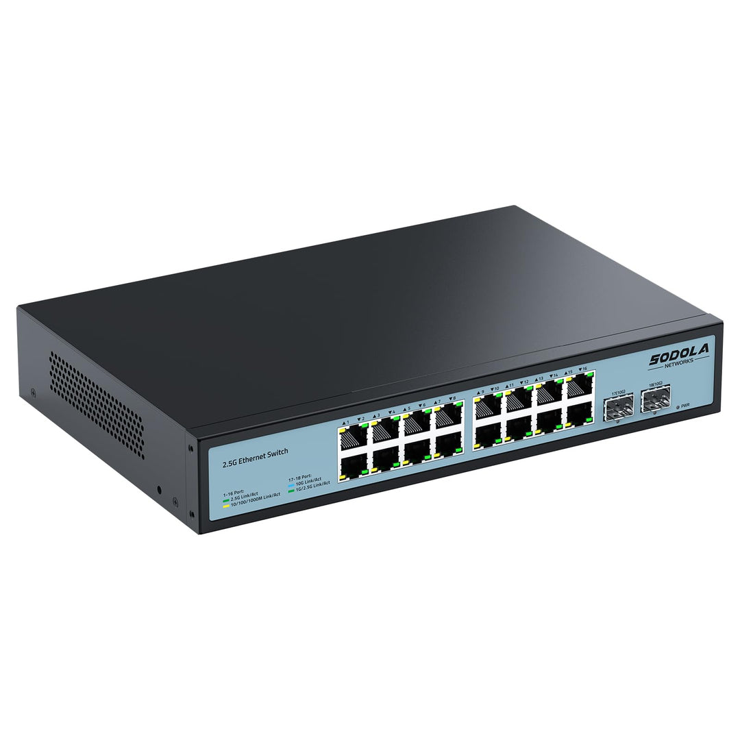 SODOLA 16 Port 2,5Gb Switch Umanaged, 16X 2,5GBASE-T-Ports, 2X 10G-SFP,120Gbps Switching Capacity,1U