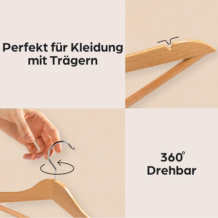 Kinderkleiderbügel FSC® Holz mit Haken 360° Drehbar - 10er Set - Robustes Natur Buchenholz - Perfekt