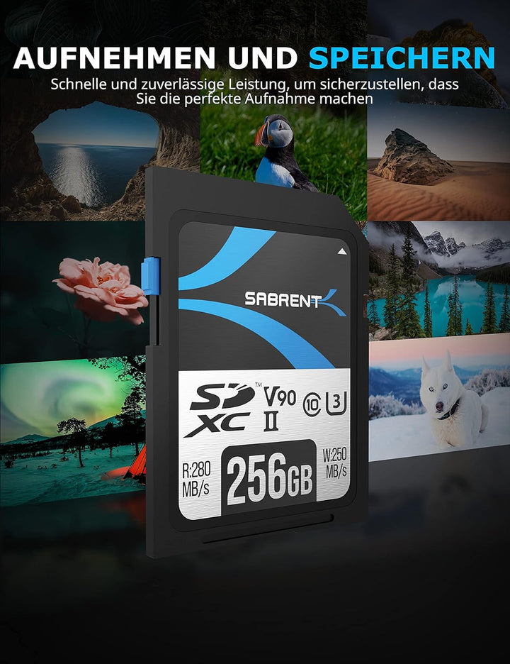 SABRENT SD Karte 512GB V90, SDXC Card UHS II, SD Speicherkarte Class 10, U3, R280MB/s W250MB/s Full