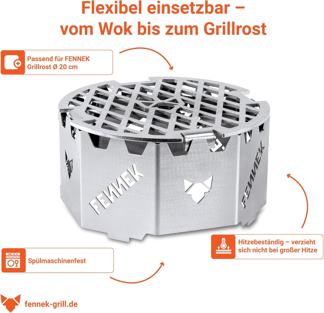 FENNEK BBQ Wok Aufsatz für Feuerplatten mit Loch Ø 20 cm | Halter für Woks, Dutchoven, Grillrost UVM