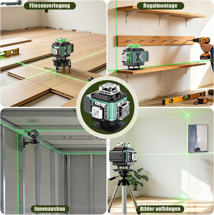 Kreuzlinienlaser Grün 16 Linien Nivellierlaser, 4 x 360 °Laser Wasserwaage Selbstnivellierend, Linie