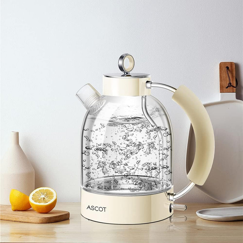 Wasserkocher Glas, ASCOT Elektrischer Wasserkocher Edelstahl, 2200W, 1,5L, Retro Design, BPA frei, l