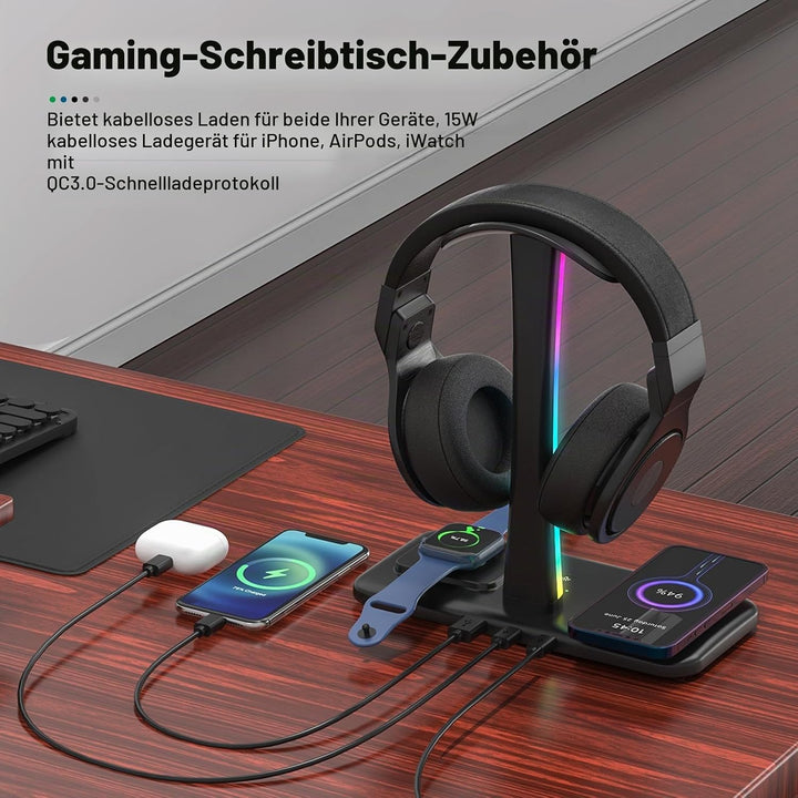 Padwa Lifestyle Wireless-Ladegerät mit RGB-Kopfhörer-LED-Ständer, mit 2 x USB-Anschlüssen und 1 x Ty