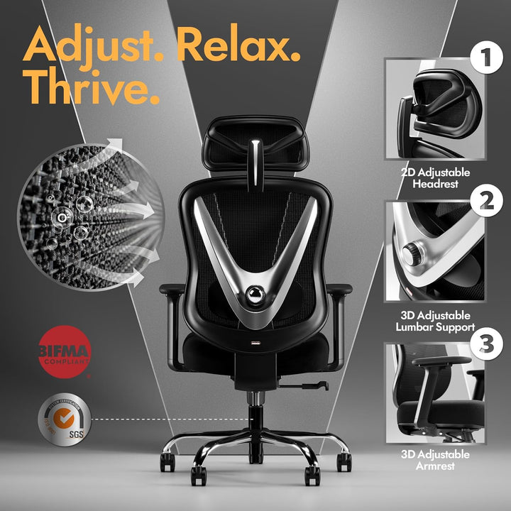 Ergonomischer Bürostuhl mit 3D Lendenstütze & 3D verstellbaren Armlehnen – V-förmiges Rücken-Design,