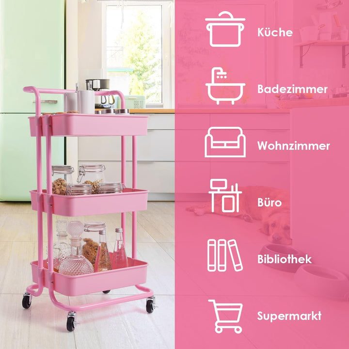 COSTWAY Servierwagen auf Rollen, mobiler Wagen mit 3 Ebenen & Griff, Rollwagen aus Metall, 3 Gitterk