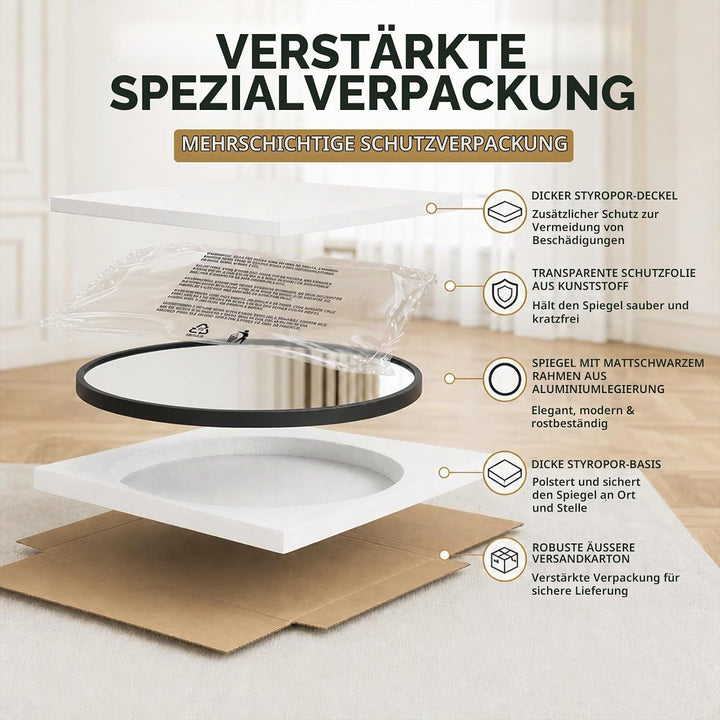 moderntop 50 cm runder Badezimmerm Spiegel mit schwarzem Aluminiumrahmen,Wandmontierter Spiegel,HD-G