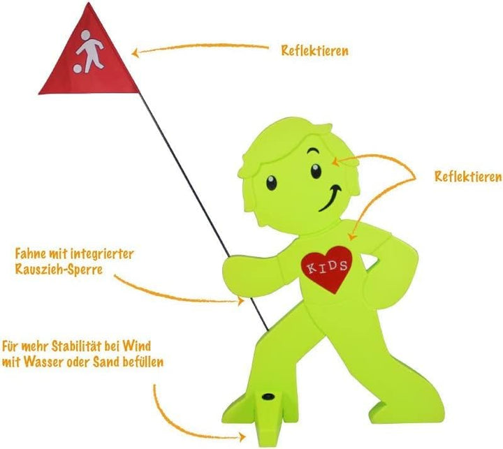 StreetBuddy - Warnfigur mit Fahne, reflektierender Warnaufsteller für Kindersicherheit - Achtung lan