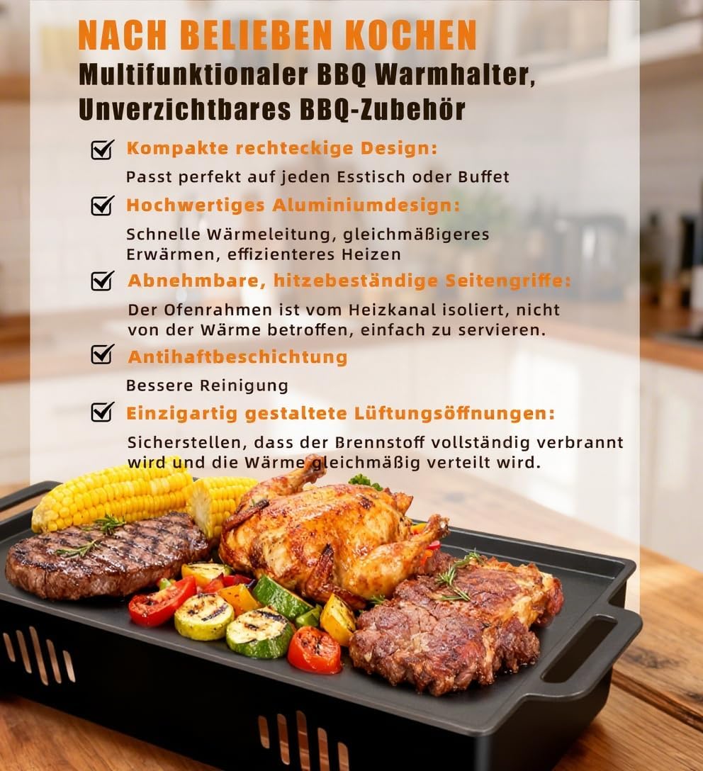 BBQ Warmhalteplatte - Warmhaltebehälter für Essen & Grillgut – Aluminium Grill-Heizplatte Antihaft,