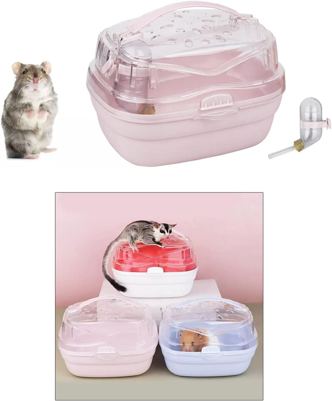 hero-s Transportbox Hamster, Tragekäfig, Tragbarer Reisekäfig Kleintiere, Mit Wasserflasche, Meersch