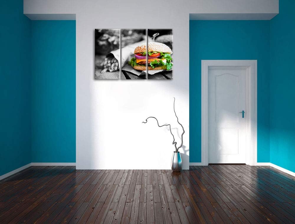 perfekter Burger mit Pommes schwarz/weiss 3-Teiler Leinwandbild 120x80 Bild auf Leinwand, XXL riesig