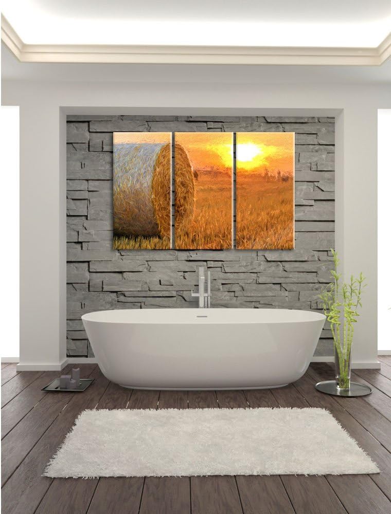 Pixxprint Strohballen auf Feld als Leinwandbild/Grösse: 3 Teilig (120x80 cm) cm/Wandbild/Kunstdruck/