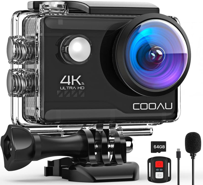 COOAU Action Cam HD 4K 20MP WiFi mit 64GB-Karte Externes Mikrofon Unterwasserkamera 40M mit Fernbedi