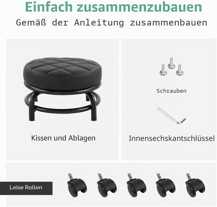 FURWOO Rollsitz PU-Leder Niedriger runder Rollhocker Bodenhocker mit Universal-Rollen für Home Fitne