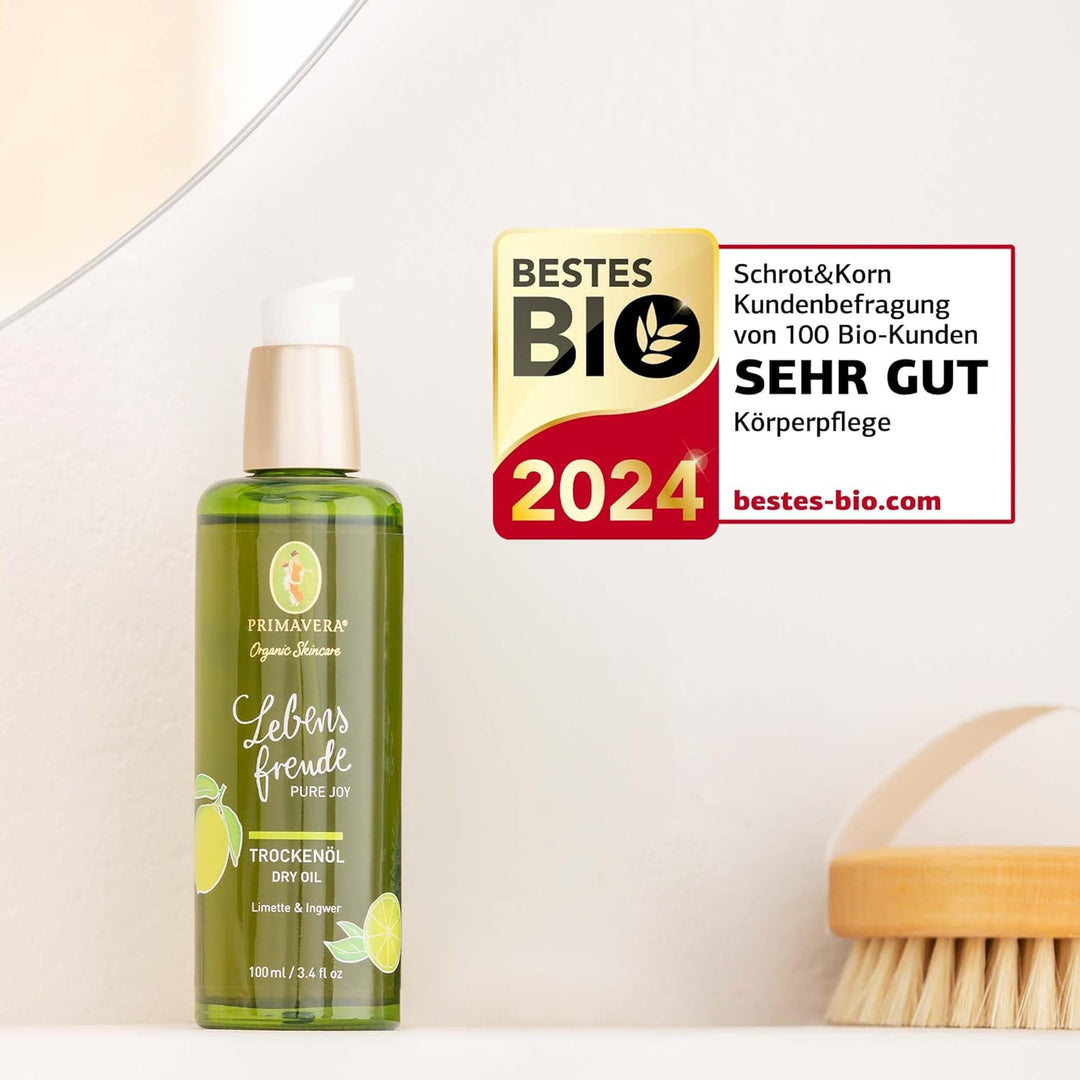 PRIMAVERA Lebensfreude Trockenöl 100 ml – Naturkosmetik – Limette, Ingwer Duft – schnell einziehend,