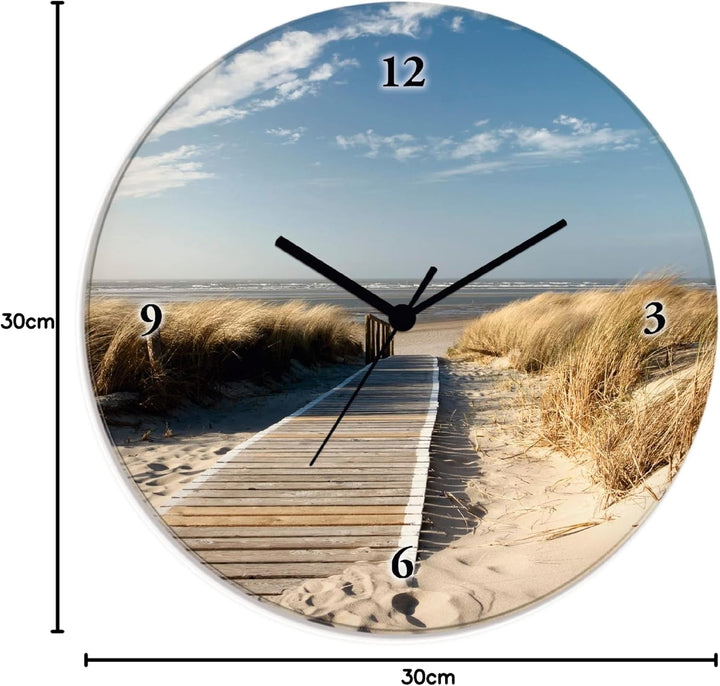 ARTLAND Wanduhr ohne Tickgeräusche Glas Funkuhr Ø 30 cm Rund Lautlos Nordseestrand Langeoog Nordsee