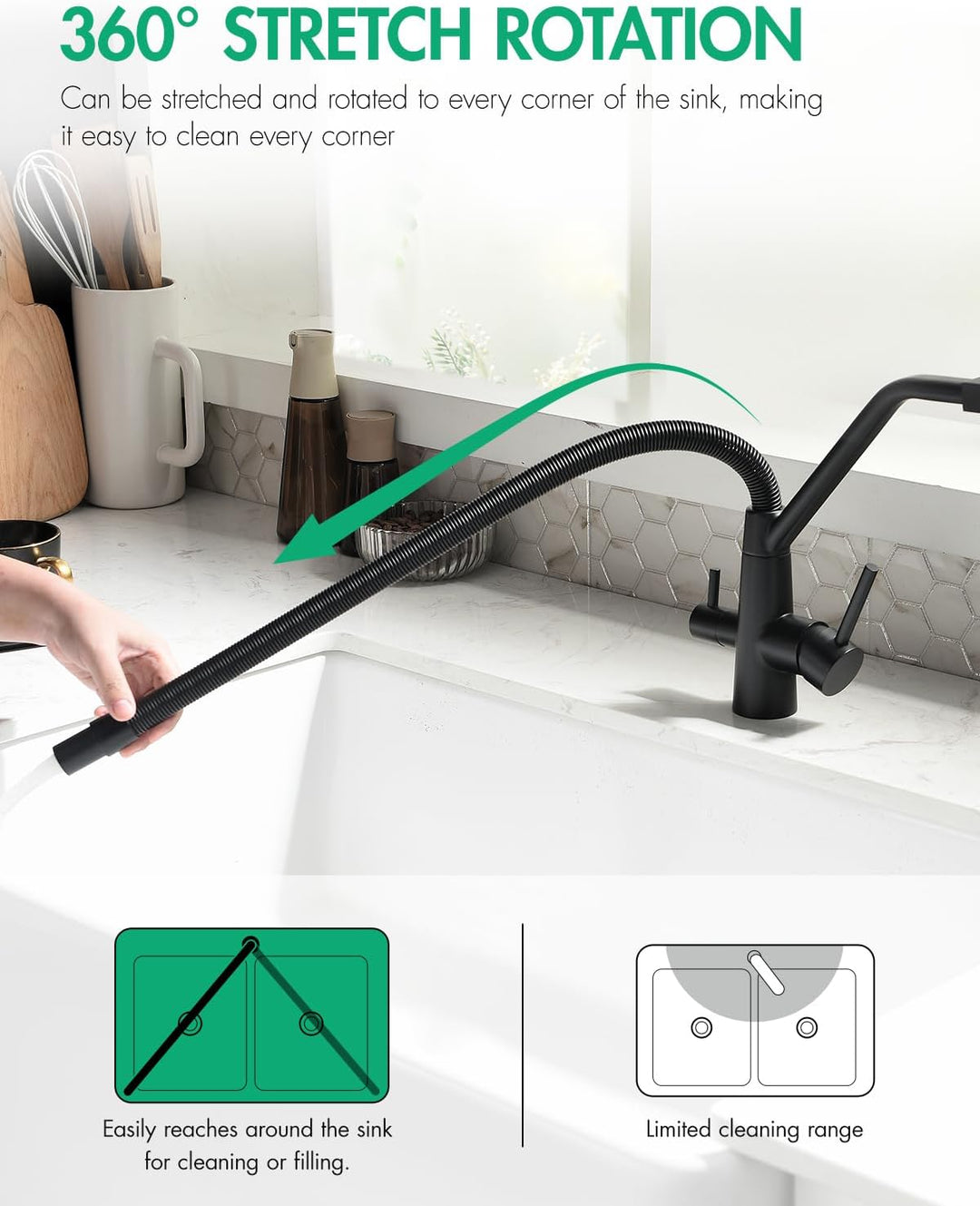 TIMACO 3 Wege Wasserhahn Küche Schwarz,Küchenarmatur-360° Drehbar,mit 3 in 1 Wasserhahn für Wasserfi