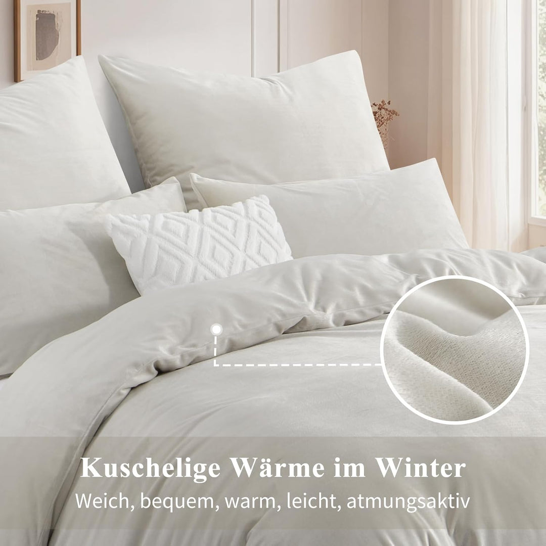 Aisbo Winter Plüsch Bettwäsche 220x240 3teilig Beige - Flanell Flauschige Warme Bettbezug und 2 Kiss