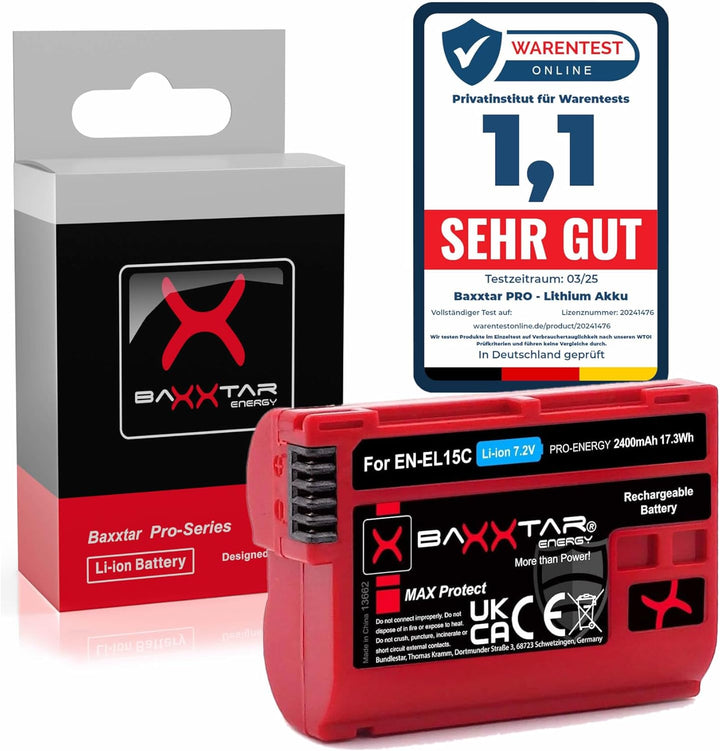Baxxtar MaxProtect EN-EL15c Kamera-Akku (2400mAh) mit aktivem NTC-Sensor und V1 Gehäuse - auch für Z