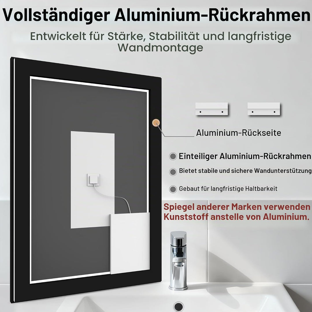 50x70cm Badspiegel mit Beleuchtung, Hartglas Badspiegel LED Antibeschlag, Schwarzer Aluminiumrahmen