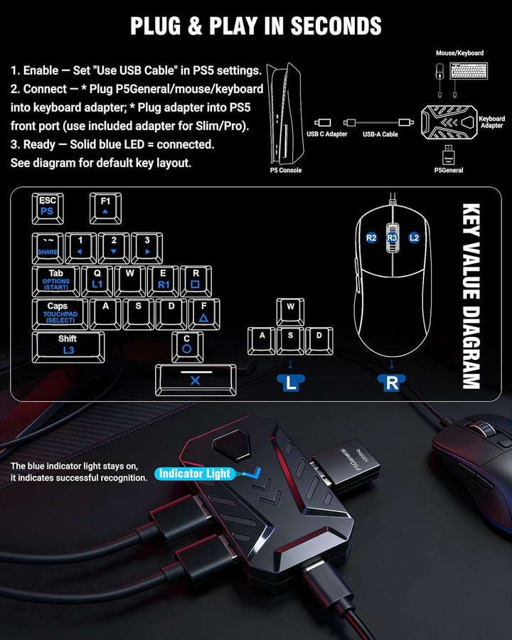 Joso Tastatur- und Mausadapter für PS5, 1000Hz Ultra-Low Lag Tastaturadapter mit P5 Allgemein zum Sp