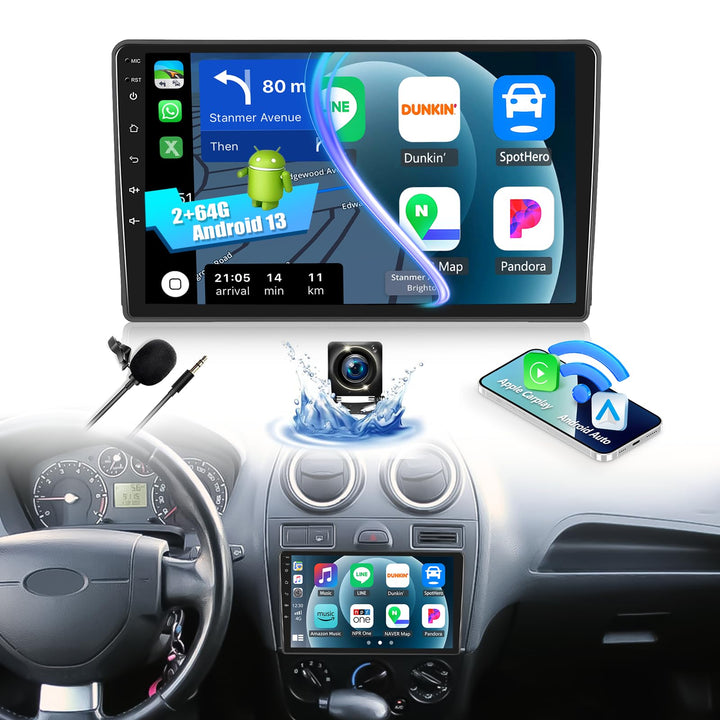 2+64G CAMECHO Android 13 Autoradio für Ford Fiesta Focus Transit Connect Kuga Mondeo Smax, 9" Wirele