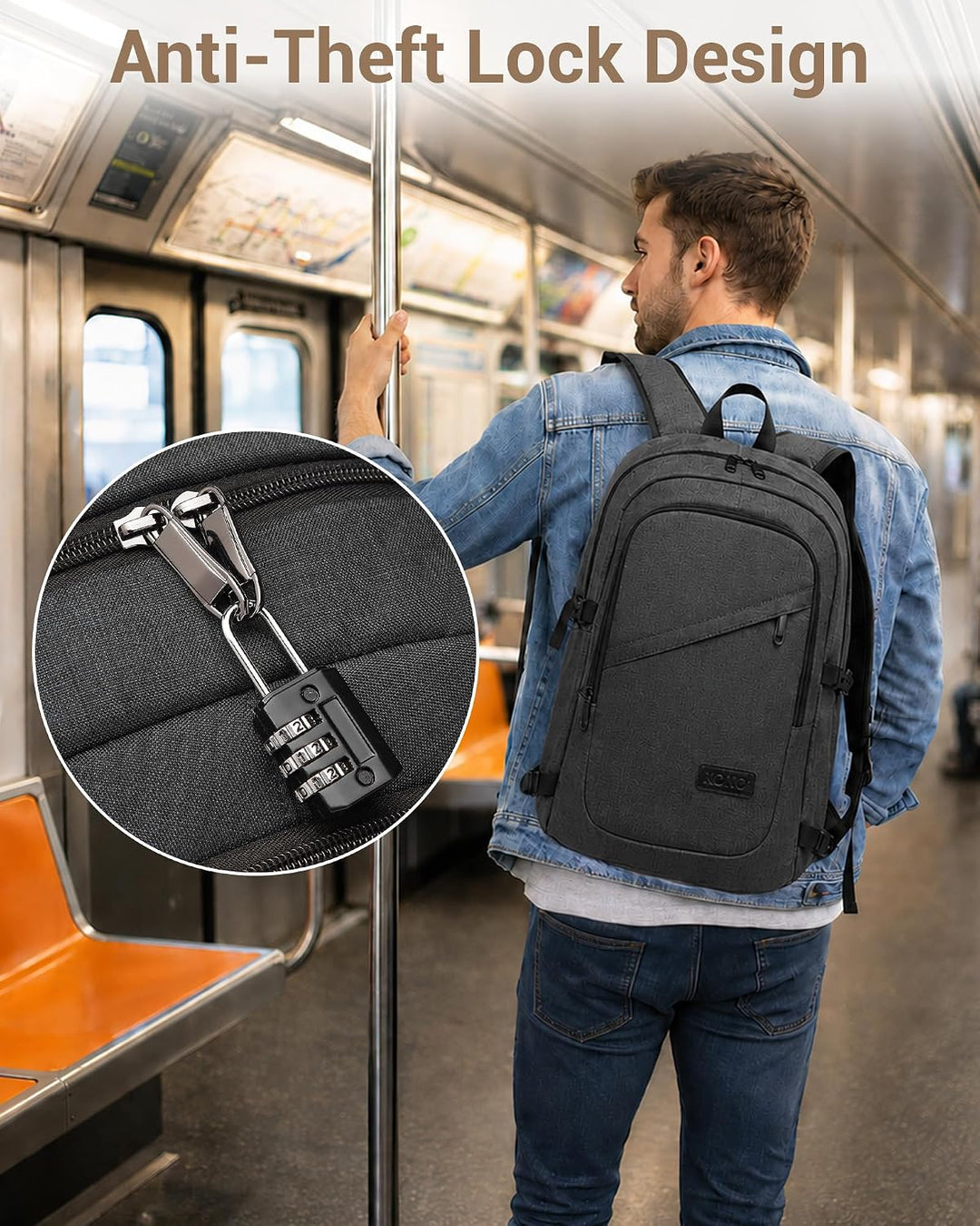 KONO Rucksack Herren, Laptop Rucksack 15,6 Zoll Anti-Diebstahl mit USB-Ladeanschluss, Schulrucksack
