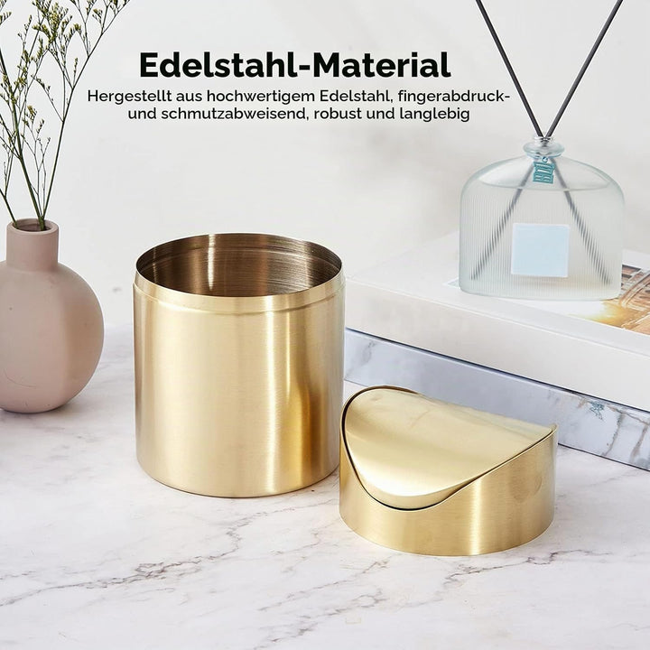 Mini Mülleimer, 16.58×12cm Edelstahl Mülleimer mit Schwing Deckel Gold Kleiner Desktop Abfallkorb fü